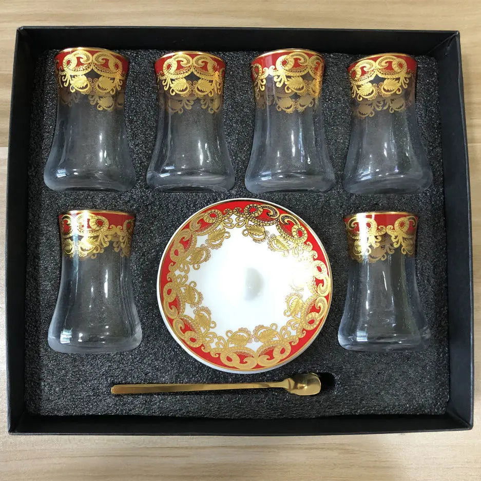 Elegant 6 Sets Turkish Tea Glasses Cups Saucers with Spoons Heat-Resistant Glass Romantic Exotic Design Eco-Friendly Ideal Gift Box Kitchen Decoration Perfect Tea Lovers Anniversary Weddings - Grand Goldman