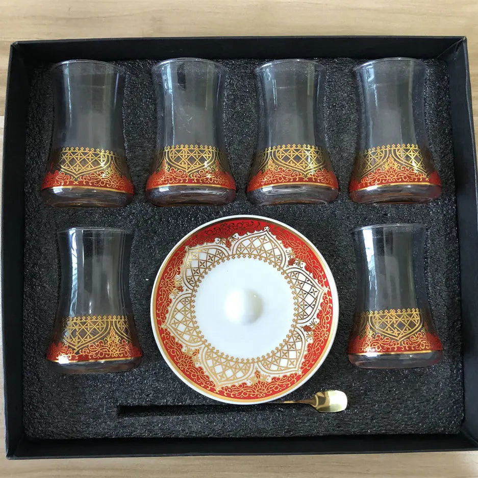 Elegant 6 Sets Turkish Tea Glasses Cups Saucers with Spoons Heat-Resistant Glass Romantic Exotic Design Eco-Friendly Ideal Gift Box Kitchen Decoration Perfect Tea Lovers Anniversary Weddings - Grand Goldman
