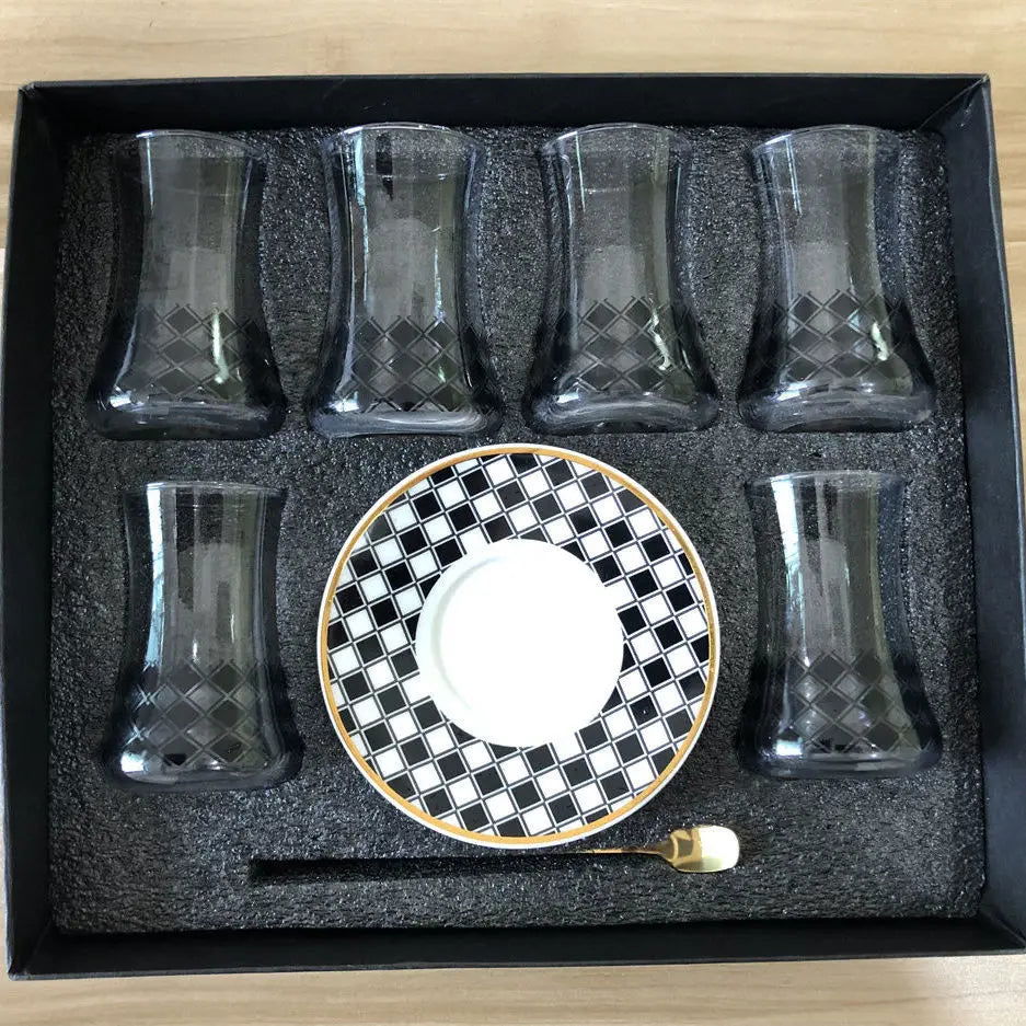 Elegant 6 Sets Turkish Tea Glasses Cups Saucers with Spoons Heat-Resistant Glass Romantic Exotic Design Eco-Friendly Ideal Gift Box Kitchen Decoration Perfect Tea Lovers Anniversary Weddings - Grand Goldman