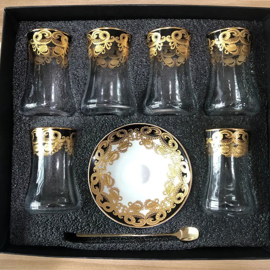 Elegant 6 Sets Turkish Tea Glasses Cups Saucers with Spoons Heat-Resistant Glass Romantic Exotic Design Eco-Friendly Ideal Gift Box Kitchen Decoration Perfect Tea Lovers Anniversary Weddings - Grand Goldman