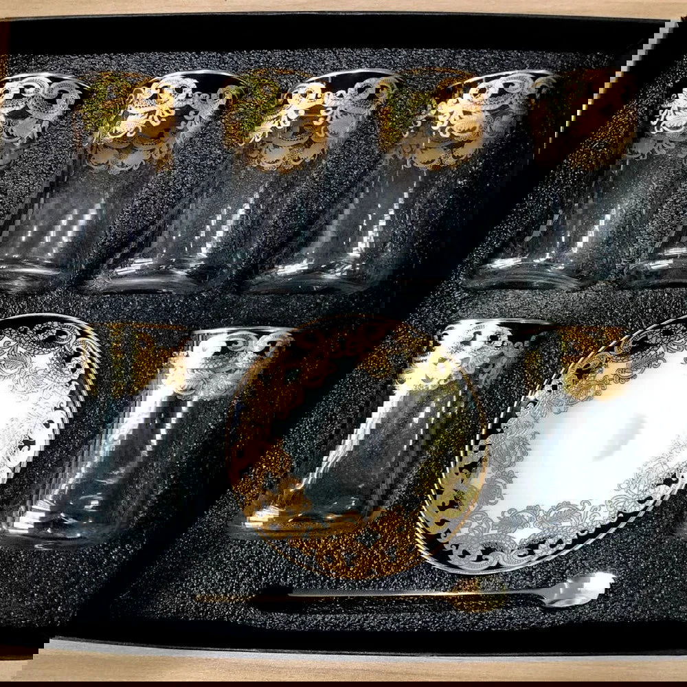 Elegant 6 Sets Turkish Tea Glasses Cups Saucers with Spoons Heat-Resistant Glass Romantic Exotic Design Eco-Friendly Ideal Gift Box Kitchen Decoration Perfect Tea Lovers Anniversary Weddings - Grand Goldman