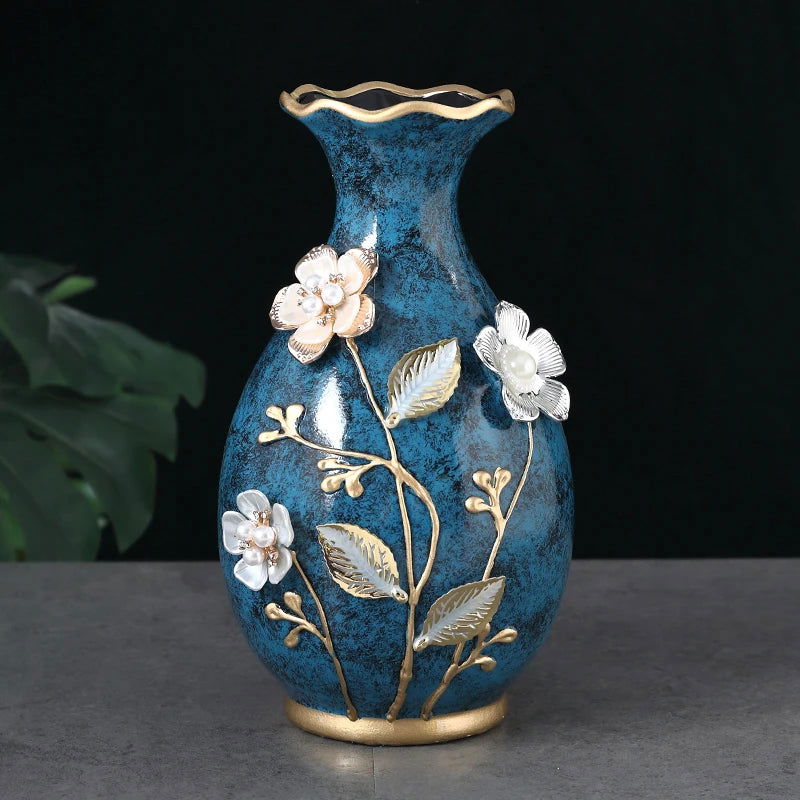 Elegant Ceramic 3D Stereoscopic Vase with Hand-Painted Flowers for Dried Flower Arrangements - Vintage European Style Home Decorations for Living Room and Entrance - Grand Goldman