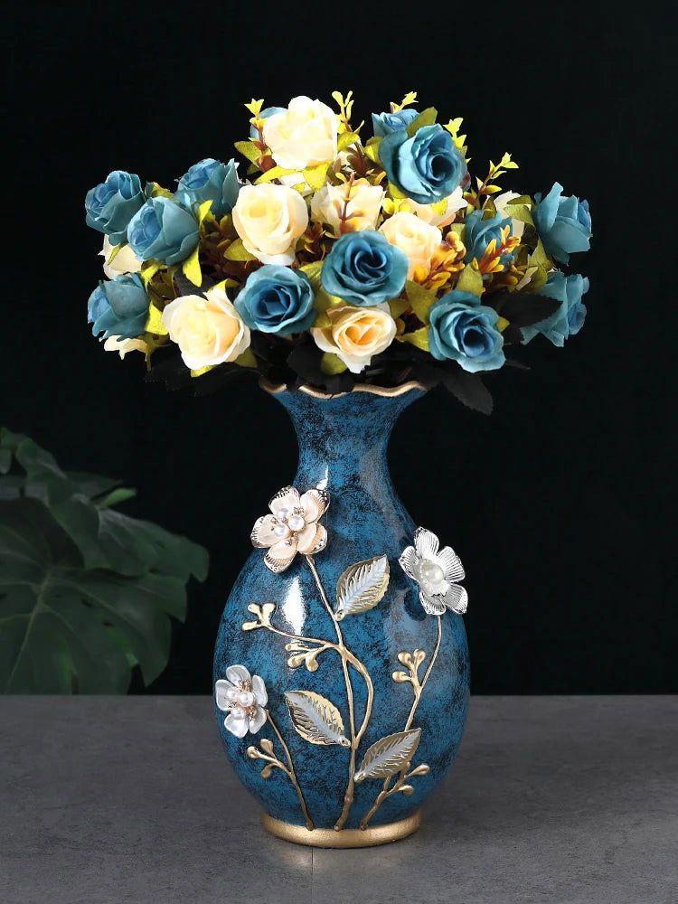 Elegant Ceramic 3D Stereoscopic Vase with Hand-Painted Flowers for Dried Flower Arrangements - Vintage European Style Home Decorations for Living Room and Entrance - Grand Goldman