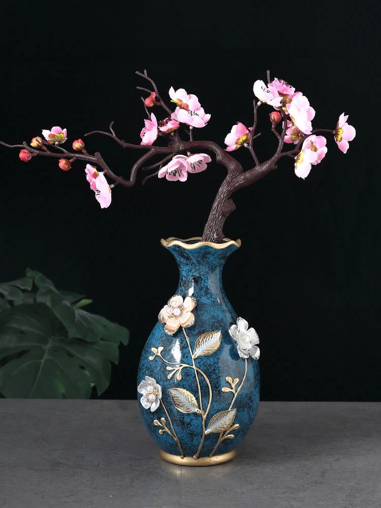 Elegant Ceramic 3D Stereoscopic Vase with Hand-Painted Flowers for Dried Flower Arrangements - Vintage European Style Home Decorations for Living Room and Entrance - Grand Goldman