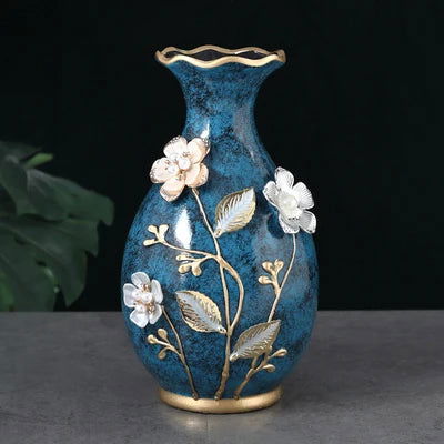 Elegant Ceramic 3D Stereoscopic Vase with Hand-Painted Flowers for Dried Flower Arrangements - Vintage European Style Home Decorations for Living Room and Entrance - Grand Goldman
