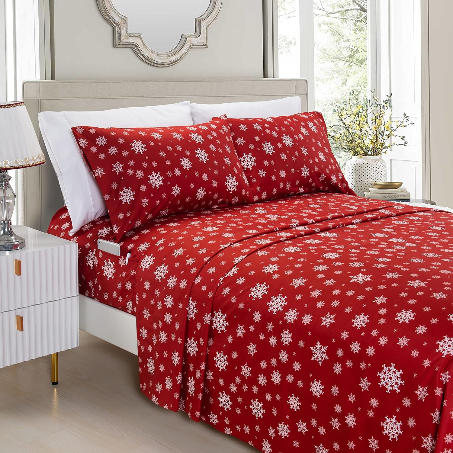 Elegant Comfort Luxury Soft Bed Sheets Holiday Pattern 1500 Premium Hotel Quality Microfiber - Softness Wrinkle and Fade Resistant (6-Piece) Bedding Set, King, Bungalow - Grand Goldman