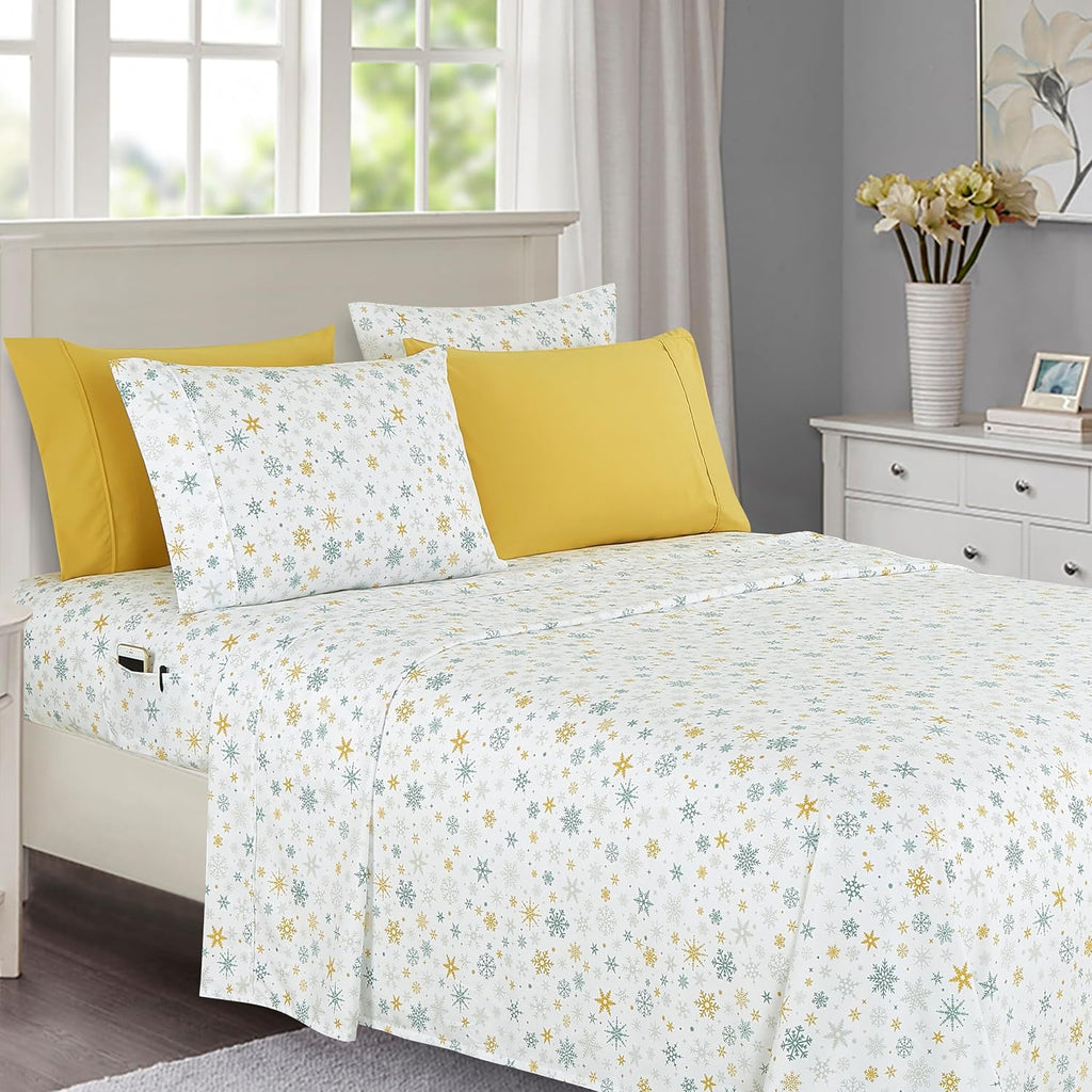 Elegant Comfort Luxury Soft Bed Sheets Holiday Pattern 1500 Premium Hotel Quality Microfiber - Softness Wrinkle and Fade Resistant (6-Piece) Bedding Set, King, Bungalow - Grand Goldman