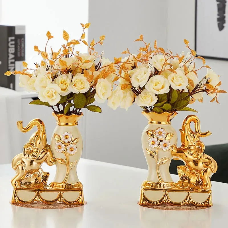 Elegant European Style Ceramic Golden Elephant Vase Creative Home Decoration for Dining Table Office Gift Hand Painted Urn Vintage Shiny Amphora - Grand Goldman