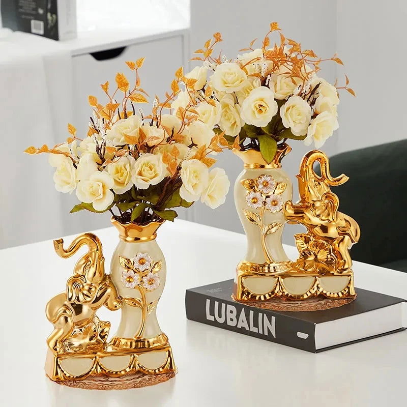 Elegant European Style Ceramic Golden Elephant Vase Creative Home Decoration for Dining Table Office Gift Hand Painted Urn Vintage Shiny Amphora - Grand Goldman