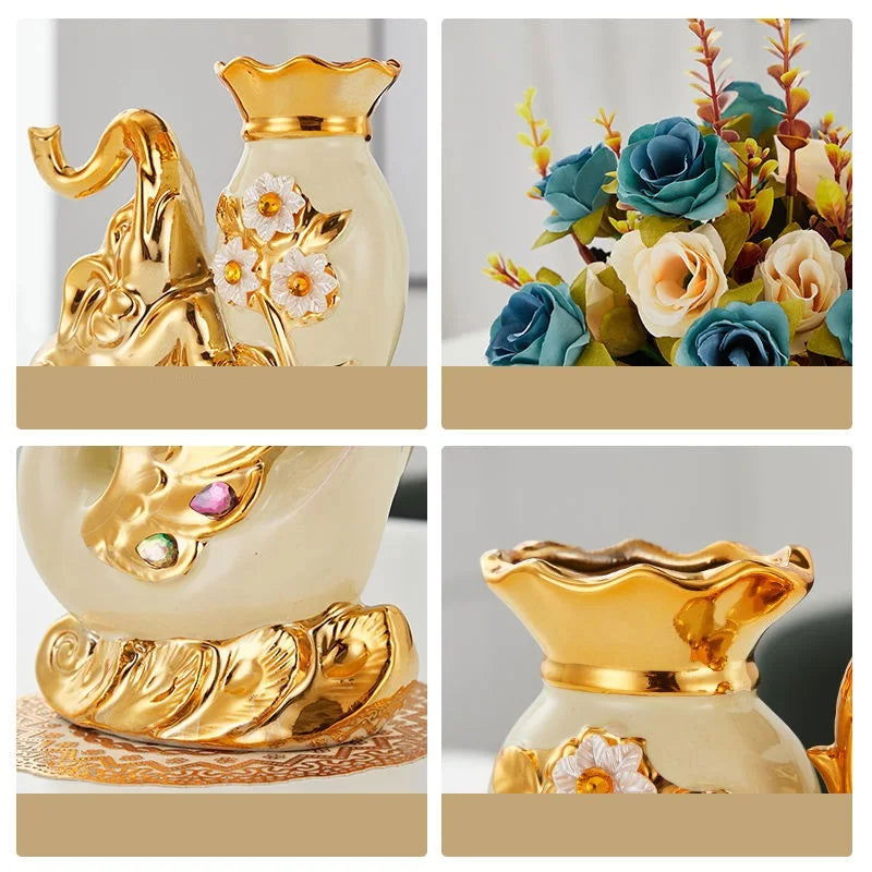 Elegant European Style Ceramic Golden Elephant Vase Creative Home Decoration for Dining Table Office Gift Hand Painted Urn Vintage Shiny Amphora - Grand Goldman