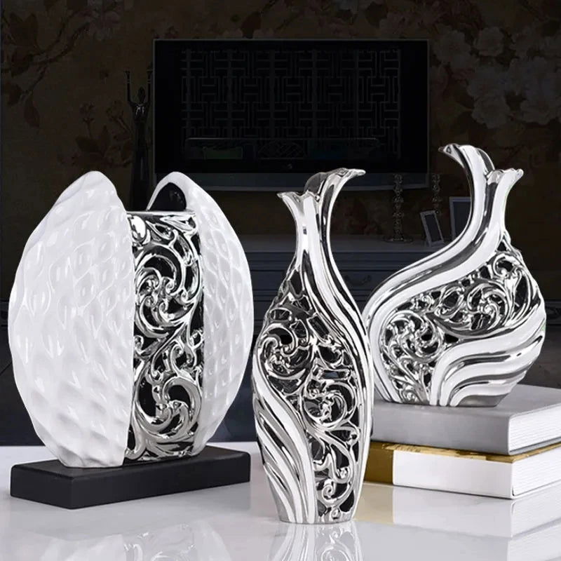 Elegant Gold Plated Porcelain Vase Set Vintage Ceramic Flower Pot Home Decor Wedding Centerpieces Study & Hallway Accent Pieces Abstract White Vessels with Silver and Gold Arabesque Patterns Tabletop Display Large European Style Ceramic Travel Gift - Grand Goldman