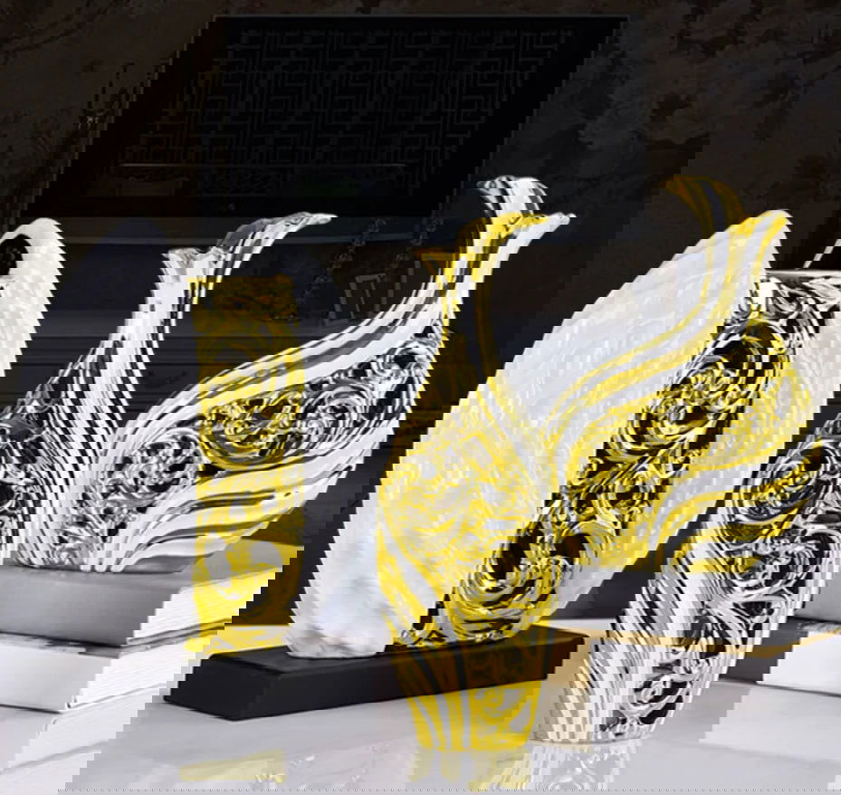 Elegant Gold Plated Porcelain Vase Set Vintage Ceramic Flower Pot Home Decor Wedding Centerpieces Study & Hallway Accent Pieces Abstract White Vessels with Silver and Gold Arabesque Patterns Tabletop Display Large European Style Ceramic Travel Gift - Grand Goldman