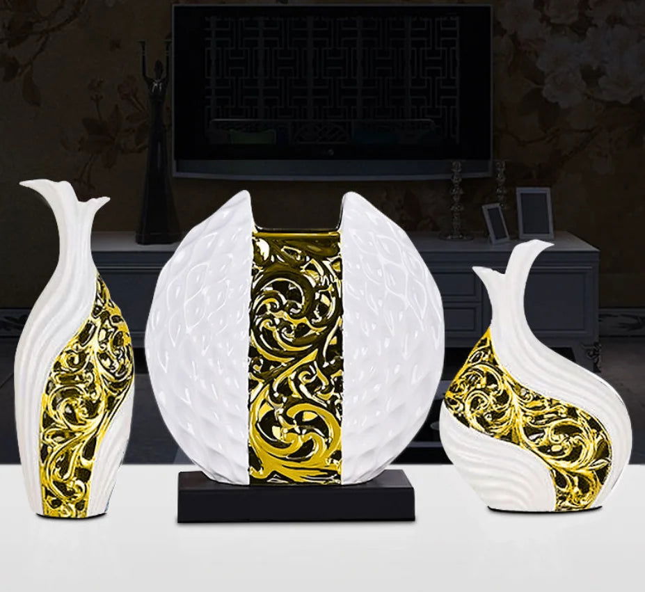 Elegant Gold Plated Porcelain Vase Set Vintage Ceramic Flower Pot Home Decor Wedding Centerpieces Study & Hallway Accent Pieces Abstract White Vessels with Silver and Gold Arabesque Patterns Tabletop Display Large European Style Ceramic Travel Gift - Grand Goldman