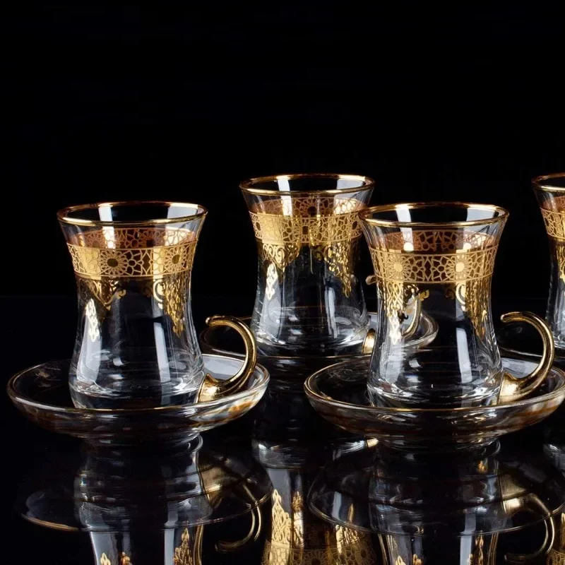 Elegant Turkish Tea Glasses Cups Set of 6 and Saucers - Moroccan Tea Glasses with 24-Carat Gold Embellishments, Durable Coffee Cup & Saucer Sets for Hot and Cold Beverages, Ideal for Parties and Everyday Use - Grand Goldman