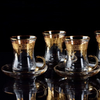 Elegant Turkish Tea Glasses Cups Set of 6 and Saucers - Moroccan Tea Glasses with 24-Carat Gold Embellishments, Durable Coffee Cup & Saucer Sets for Hot and Cold Beverages, Ideal for Parties and Everyday Use - Grand Goldman