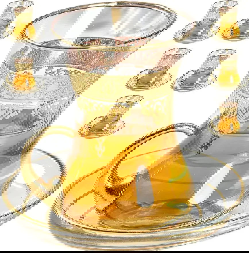 Elegant Turkish Tea Glasses Cups Set of 6 and Saucers - Moroccan Tea Glasses with 24-Carat Gold Embellishments, Durable Coffee Cup & Saucer Sets for Hot and Cold Beverages, Ideal for Parties and Everyday Use - Grand Goldman