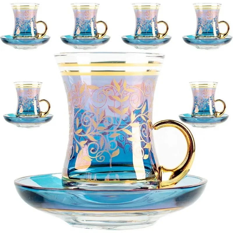Elegant Turkish Tea Glasses Cups Set of 6 and Saucers - Moroccan Tea Glasses with 24-Carat Gold Embellishments, Durable Coffee Cup & Saucer Sets for Hot and Cold Beverages, Ideal for Parties and Everyday Use - Grand Goldman