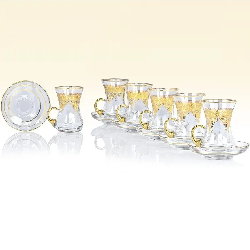 Elegant Turkish Tea Glasses Cups Set of 6 and Saucers - Moroccan Tea Glasses with 24-Carat Gold Embellishments, Durable Coffee Cup & Saucer Sets for Hot and Cold Beverages, Ideal for Parties and Everyday Use - Grand Goldman