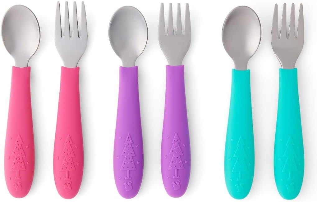 Elk and Friends Kids Silverware with Silicone Handle | Childrens Safe Flatware | Toddler Utensils | Baby Spoons + Forks | Stainless Steel Cutlery - Grand Goldman
