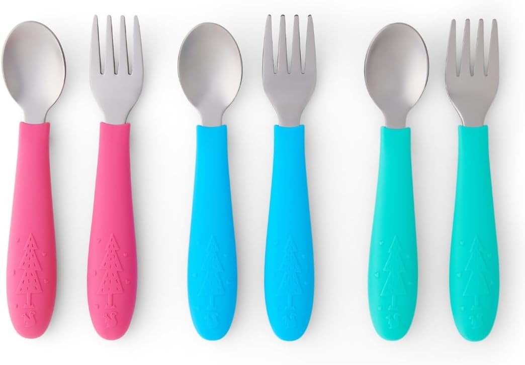 Elk and Friends Kids Silverware with Silicone Handle | Childrens Safe Flatware | Toddler Utensils | Baby Spoons + Forks | Stainless Steel Cutlery - Grand Goldman