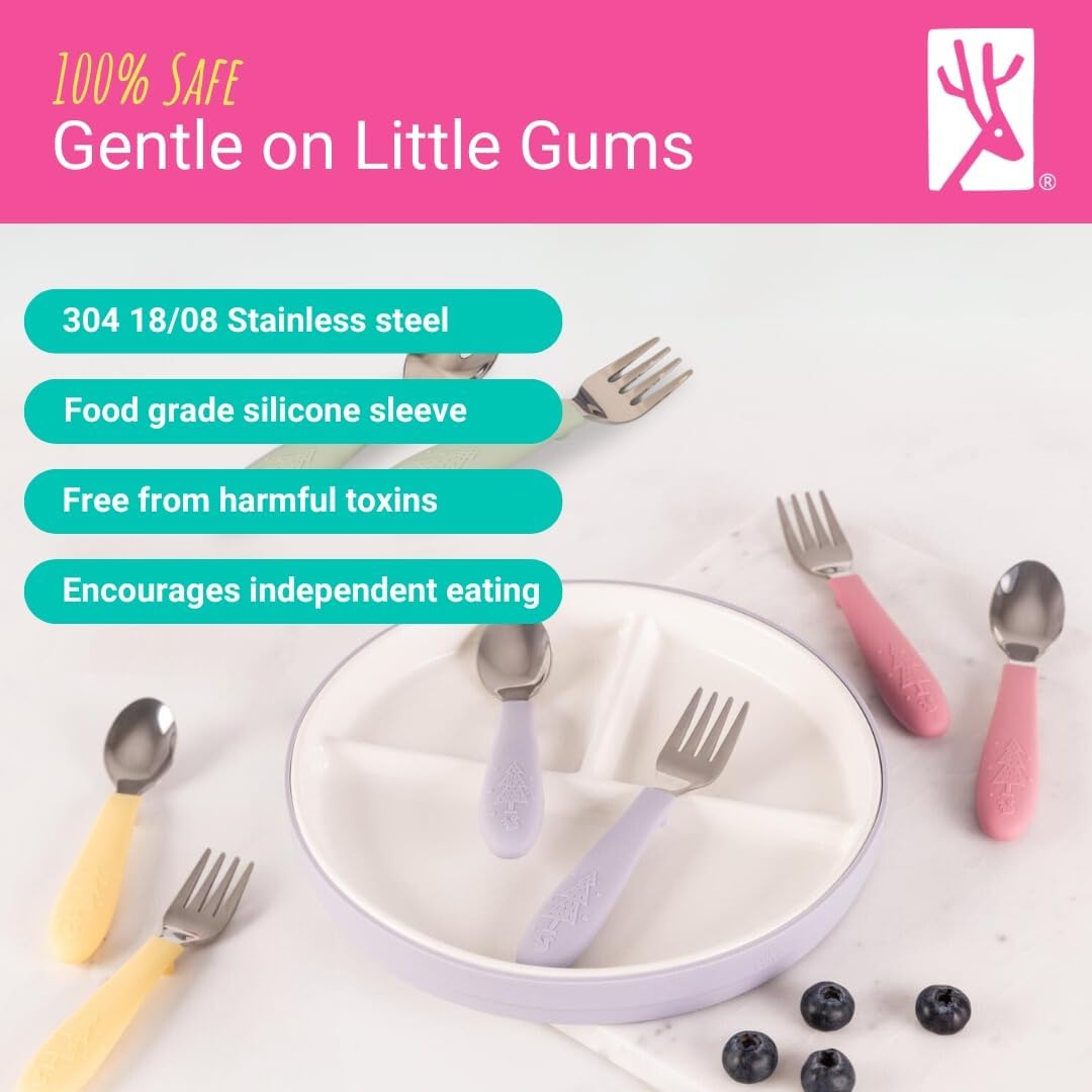 Elk and Friends Kids Silverware with Silicone Handle | Childrens Safe Flatware | Toddler Utensils | Baby Spoons + Forks | Stainless Steel Cutlery - Grand Goldman