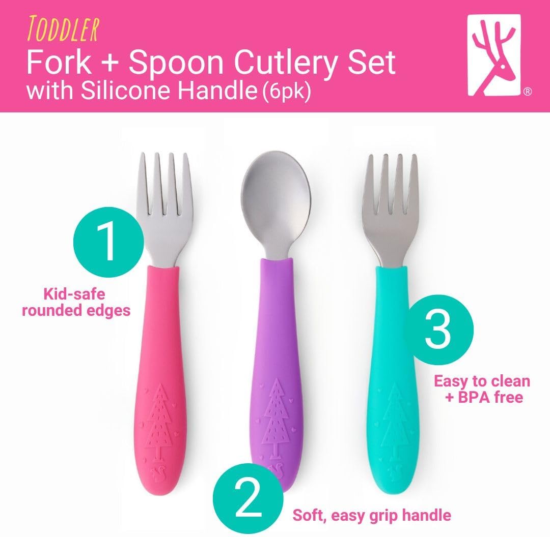 Elk and Friends Kids Silverware with Silicone Handle | Childrens Safe Flatware | Toddler Utensils | Baby Spoons + Forks | Stainless Steel Cutlery - Grand Goldman