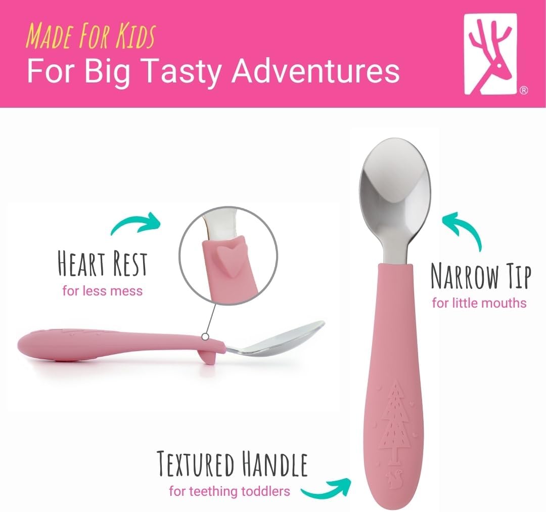 Elk and Friends Kids Silverware with Silicone Handle | Childrens Safe Flatware | Toddler Utensils | Baby Spoons + Forks | Stainless Steel Cutlery - Grand Goldman