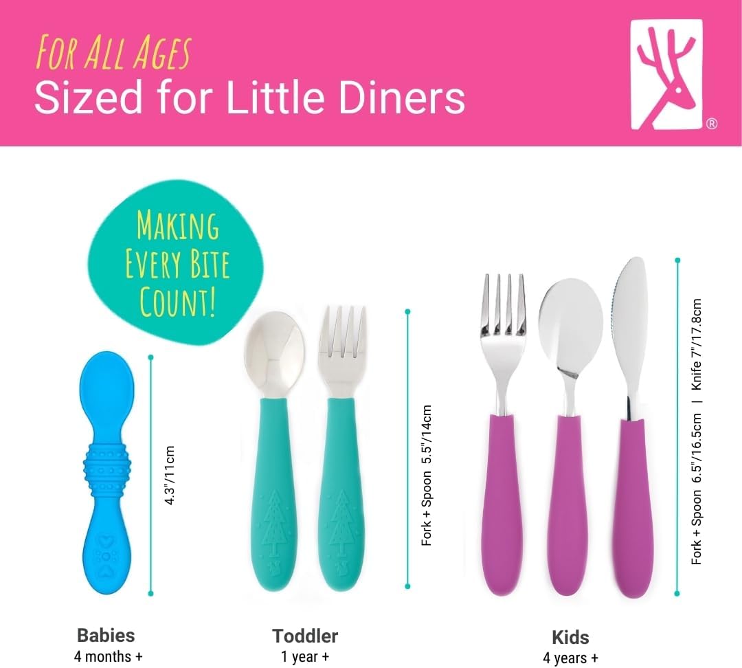 Elk and Friends Kids Silverware with Silicone Handle | Childrens Safe Flatware | Toddler Utensils | Baby Spoons + Forks | Stainless Steel Cutlery - Grand Goldman