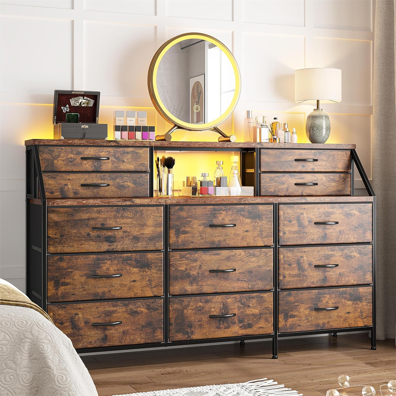 EnHomee 55”W Dresser for Bedroom, Dresser with 13 Large Drawer, Dressers & Chests of Drawers, Dressers with 2 Shelves, Bedroom Dresser, Long Dresser for Closet, Wooden Top Metal Frame Rustic Brown - Grand Goldman
