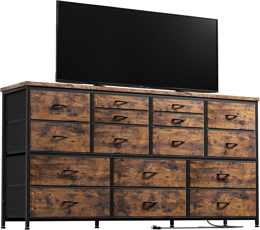EnHomee 60" TV Stand Dresser TV Stand with Charging Station TV Stands for Living Room Long Dresser for Bedroom TV Stand with 16 Drawers Storage TV Stand for Bedroom Dresser 51.1''W*11.8''D*34.8''H - Grand Goldman