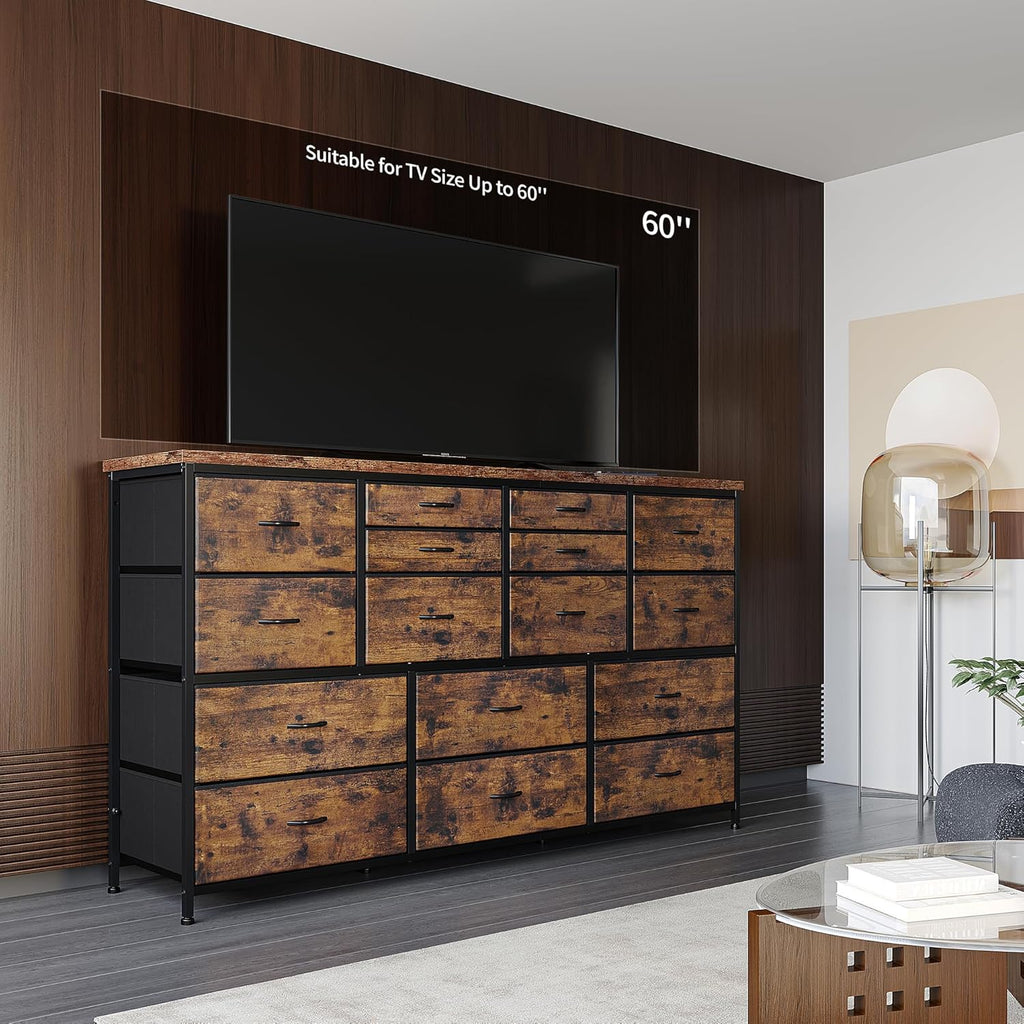 EnHomee 60" TV Stand Dresser TV Stand with Charging Station TV Stands for Living Room Long Dresser for Bedroom TV Stand with 16 Drawers Storage TV Stand for Bedroom Dresser 51.1''W*11.8''D*34.8''H - Grand Goldman