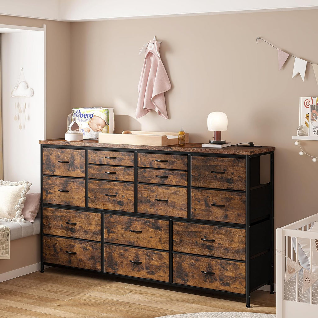 EnHomee 60" TV Stand Dresser TV Stand with Charging Station TV Stands for Living Room Long Dresser for Bedroom TV Stand with 16 Drawers Storage TV Stand for Bedroom Dresser 51.1''W*11.8''D*34.8''H - Grand Goldman