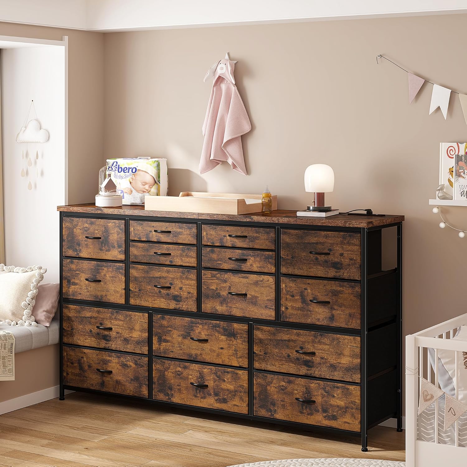 EnHomee 60" TV Stand Dresser TV Stand with Charging Station TV Stands for Living Room Long Dresser for Bedroom TV Stand with 16 Drawers Storage TV Stand for Bedroom Dresser 51.1''W*11.8''D*34.8''H - Grand Goldman