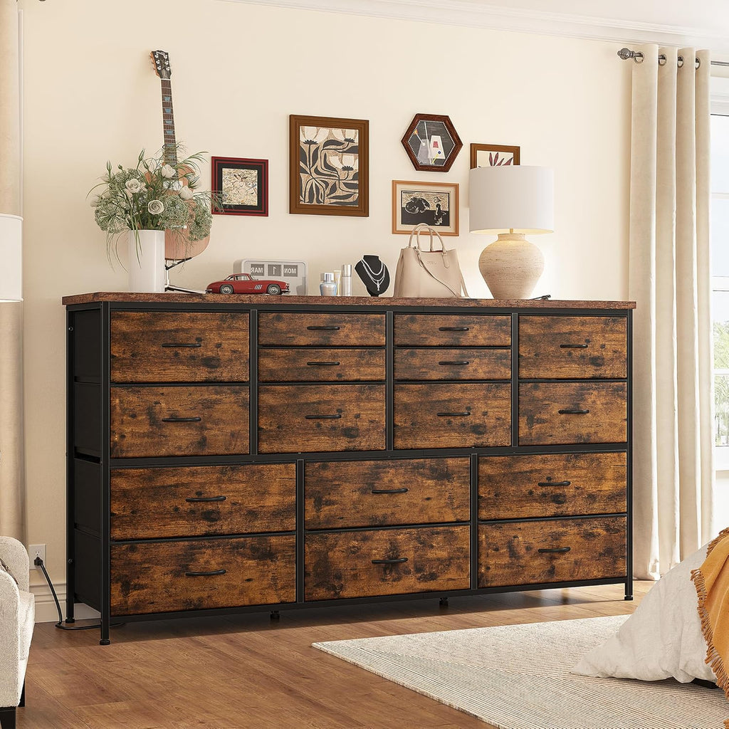 EnHomee 60" TV Stand Dresser TV Stand with Charging Station TV Stands for Living Room Long Dresser for Bedroom TV Stand with 16 Drawers Storage TV Stand for Bedroom Dresser 51.1''W*11.8''D*34.8''H - Grand Goldman