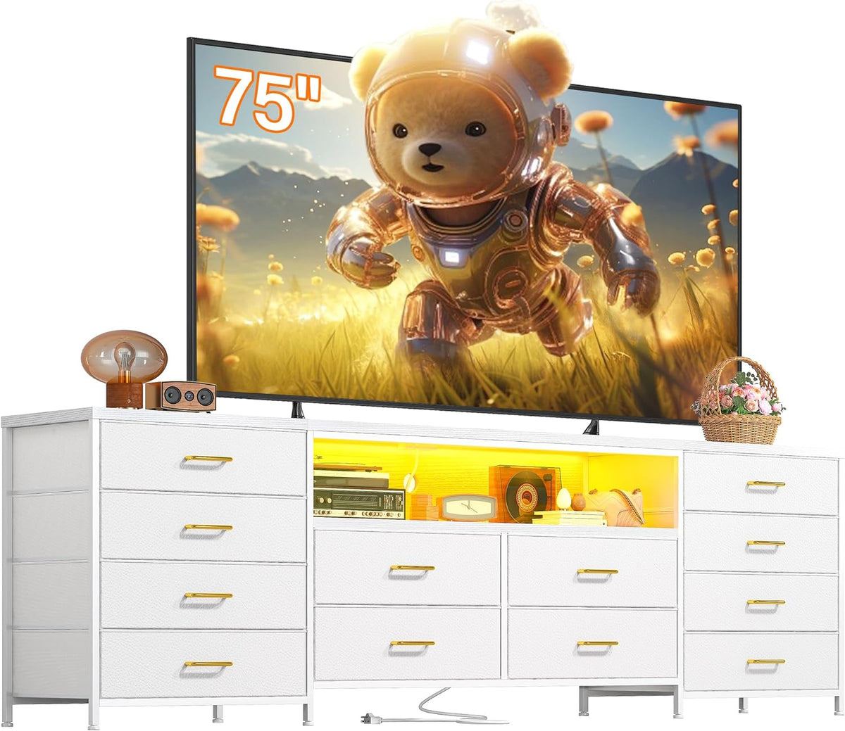 EnHomee Fits 75" TV Stand Dresser for 65 70 75 Inch TV 63"W Dresser TV Stand for Bedroom with LED Lights & Power Outlets & 12 Drawers Black Dresser for Bedroom Long Fabric Dresser Entertainment Center - Grand Goldman