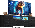EnHomee Fits 75" TV Stand Dresser for 65 70 75 Inch TV 63"W Dresser TV Stand for Bedroom with LED Lights & Power Outlets & 12 Drawers Black Dresser for Bedroom Long Fabric Dresser Entertainment Center - Grand Goldman