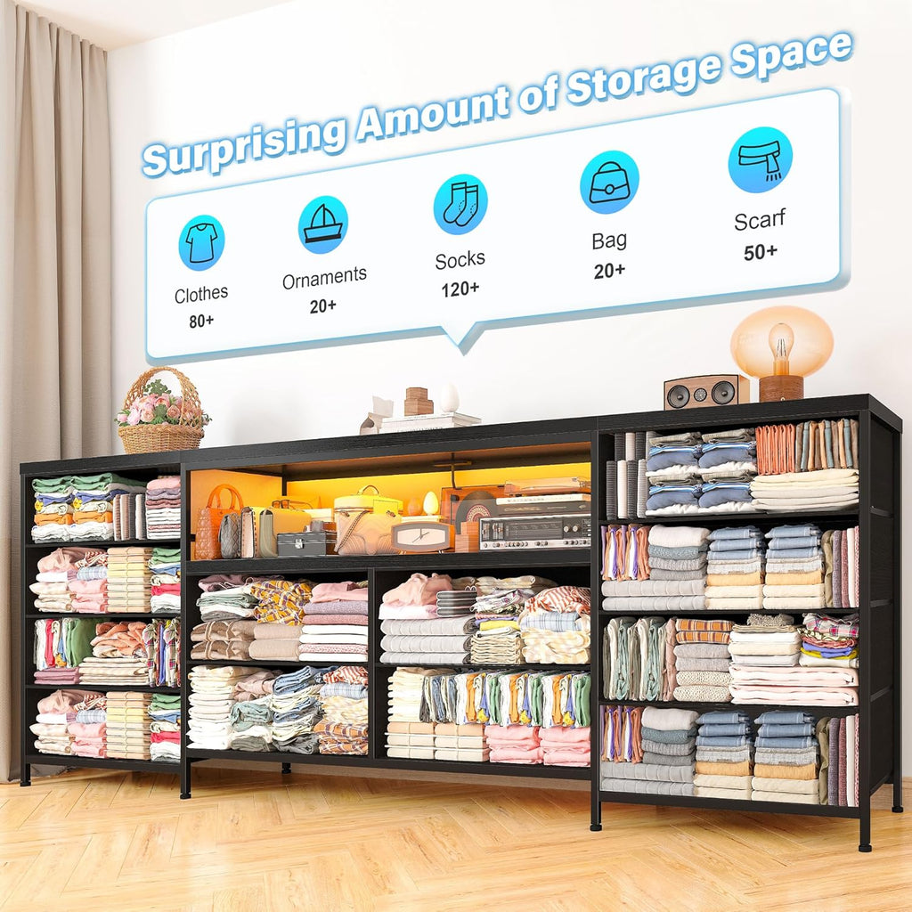 EnHomee Fits 75" TV Stand Dresser for 65 70 75 Inch TV 63"W Dresser TV Stand for Bedroom with LED Lights & Power Outlets & 12 Drawers Black Dresser for Bedroom Long Fabric Dresser Entertainment Center - Grand Goldman