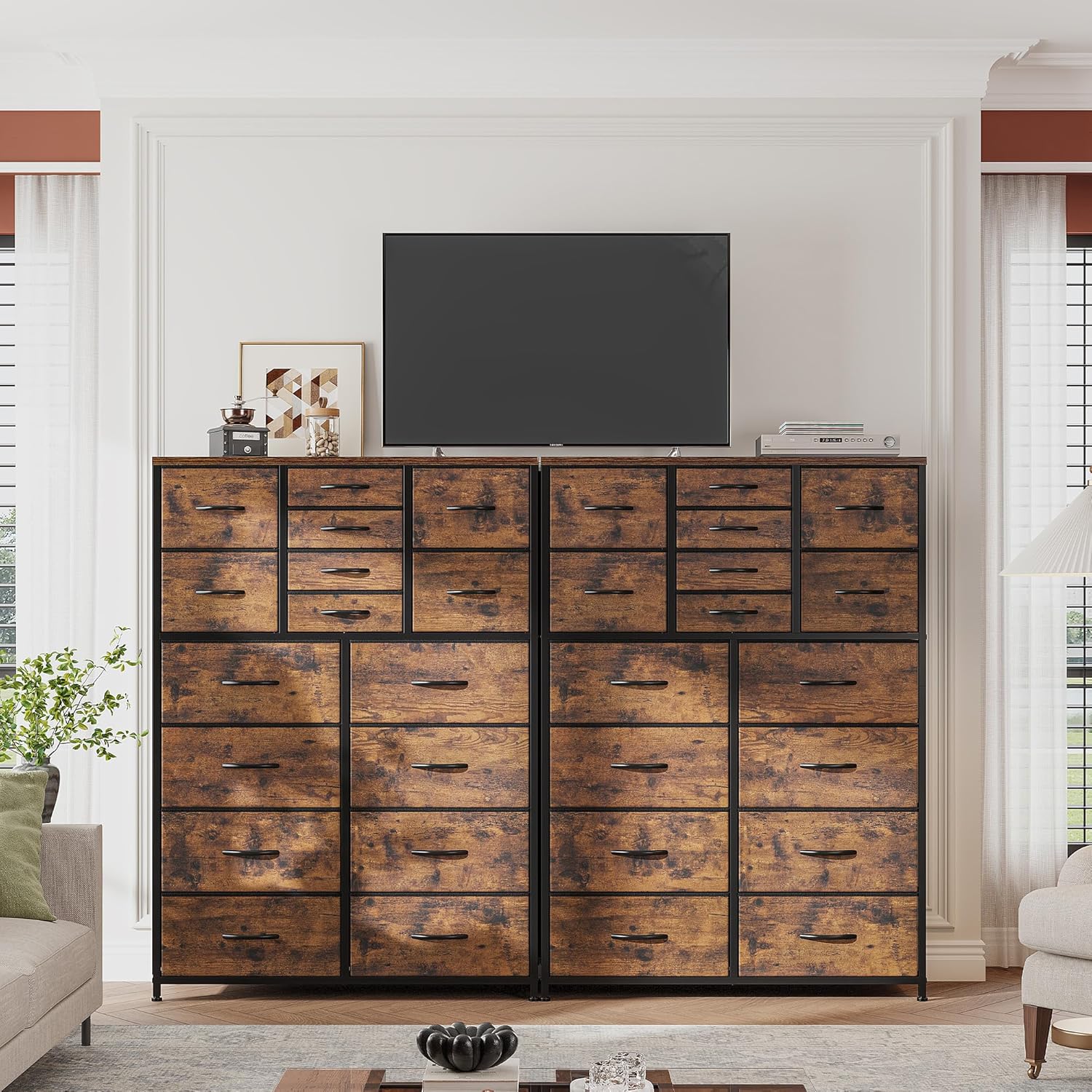 EnHomee Tall Dresser for Bedroom,16 Drawer Dressers & Chests of Drawers, Fabric Bedroom Dresser with Wood Top, Metal Frame,Storage Drawer for Closet Entryway,Rustic Brown - Grand Goldman