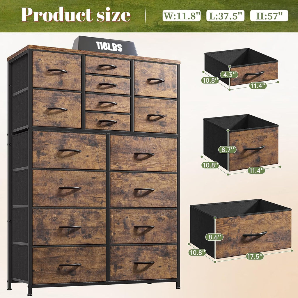 EnHomee Tall Dresser for Bedroom,16 Drawer Dressers & Chests of Drawers, Fabric Bedroom Dresser with Wood Top, Metal Frame,Storage Drawer for Closet Entryway,Rustic Brown - Grand Goldman