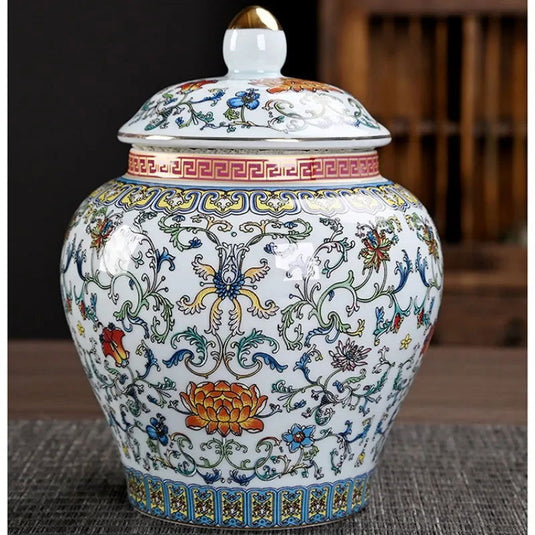 Enamel Color General Ceramic Storage Pot Tea Jar with Lid Large Capacity Sealed Jar Living Room Ornament Antique Vase Home Decor - Grand Goldman