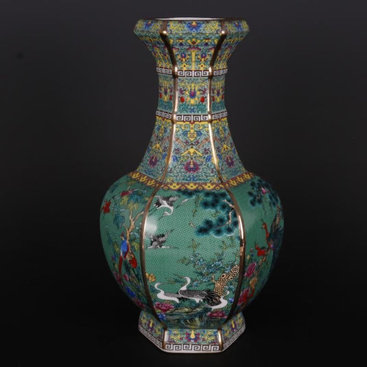 Enamel Flower And Bird Hexagonal Vase Antique Craft Porcelain - Grand Goldman