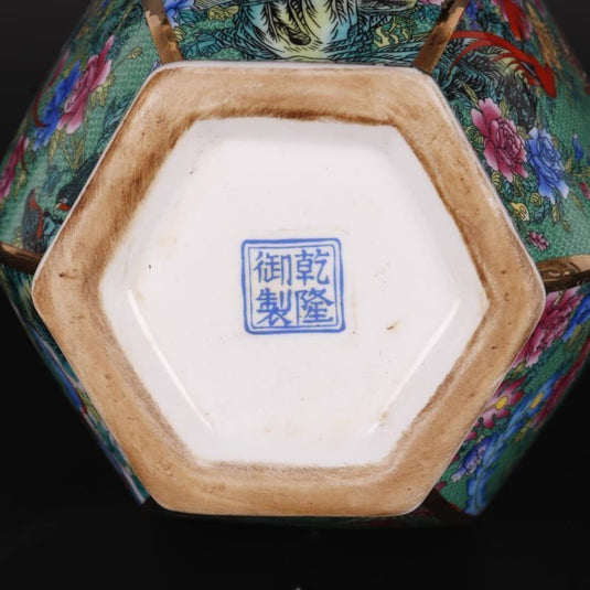Enamel Flower And Bird Hexagonal Vase Antique Craft Porcelain - Grand Goldman