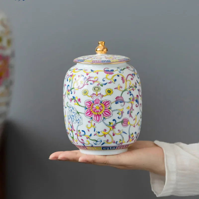 Enamelled Painted Pottery Pot Tea Caddy Ginger Jar Porcelain Canister Storage Tank Tea Organizer Desktop Storage Container - Grand Goldman