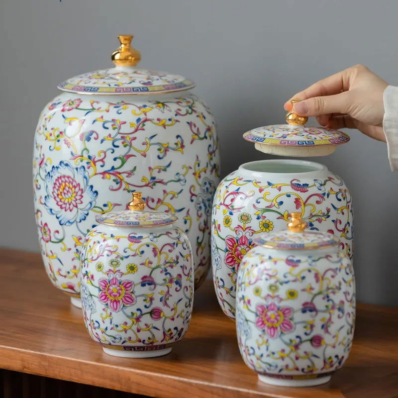 Enamelled Painted Pottery Pot Tea Caddy Ginger Jar Porcelain Canister Storage Tank Tea Organizer Desktop Storage Container - Grand Goldman