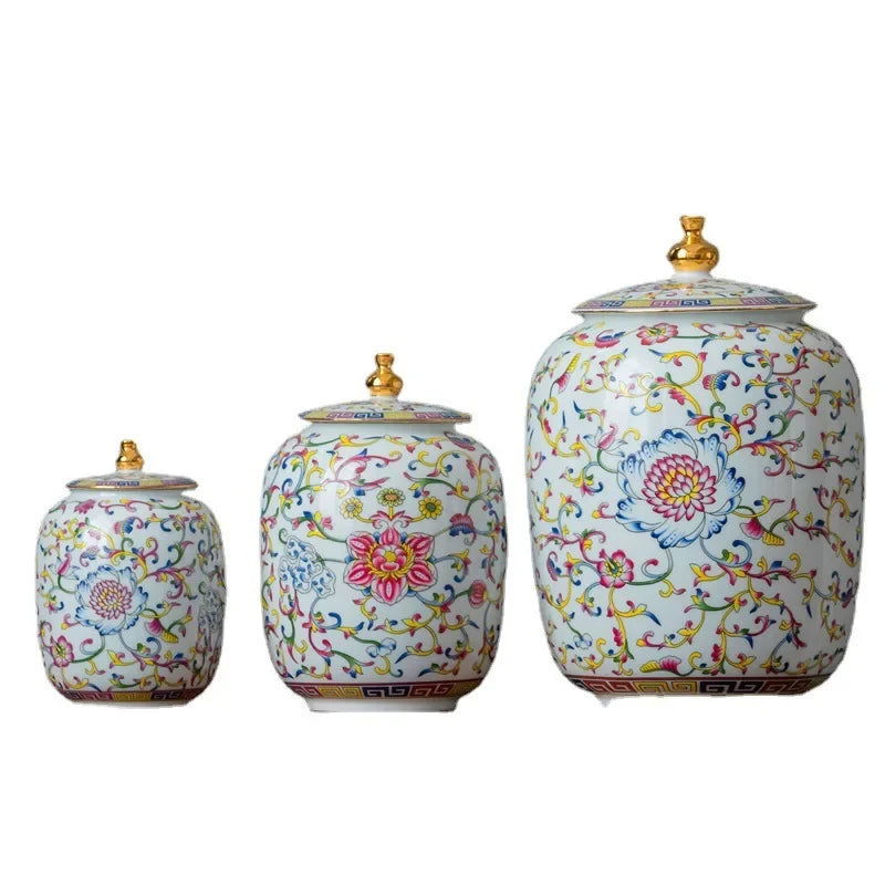 Enamelled Painted Pottery Pot Tea Caddy Ginger Jar Porcelain Canister Storage Tank Tea Organizer Desktop Storage Container - Grand Goldman