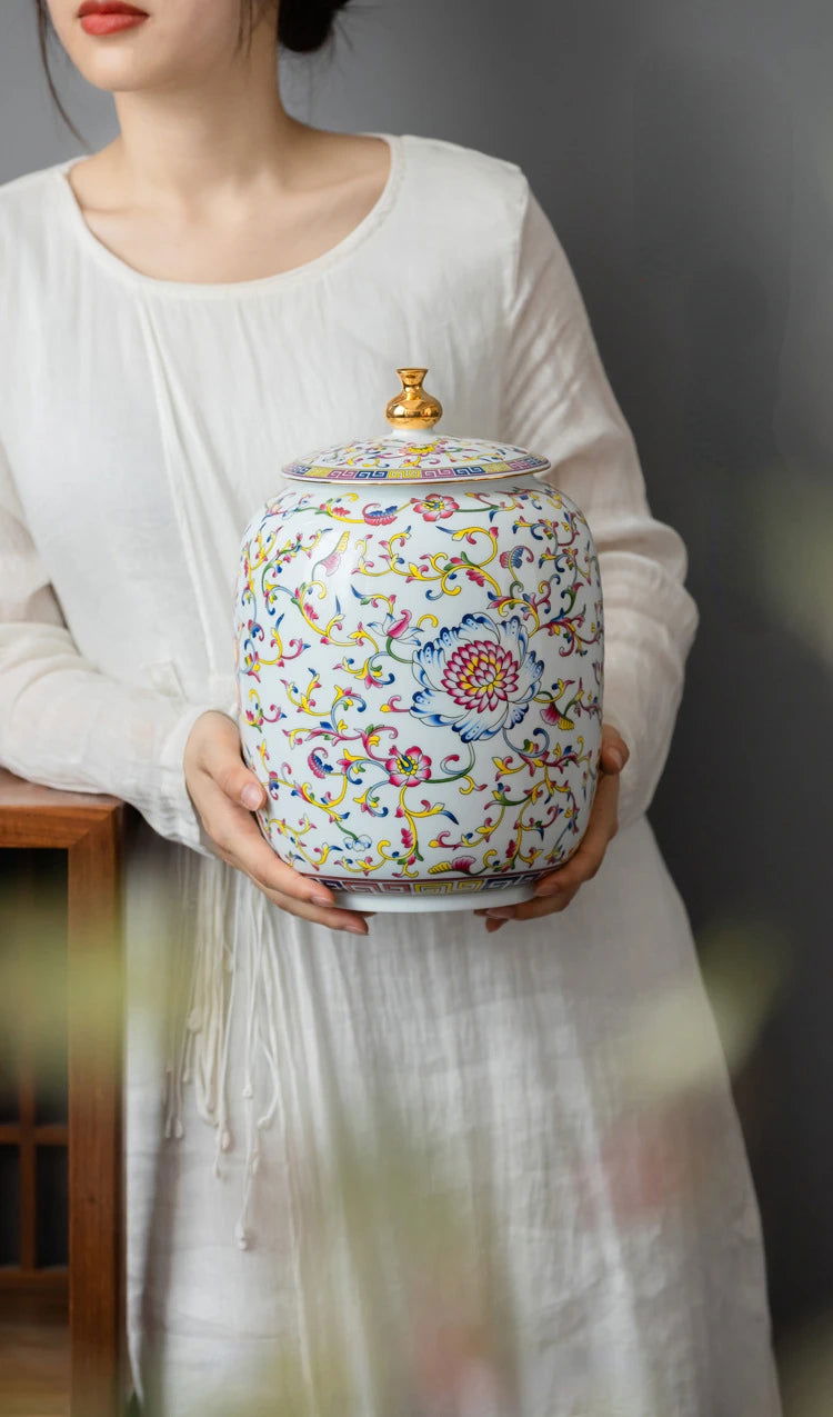Enamelled Painted Pottery Pot Tea Caddy Ginger Jar Porcelain Canister Storage Tank Tea Organizer Desktop Storage Container - Grand Goldman
