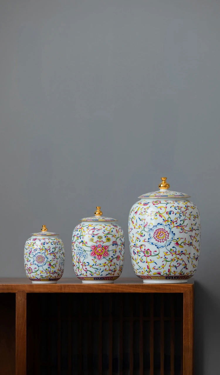 Enamelled Painted Pottery Pot Tea Caddy Ginger Jar Porcelain Canister Storage Tank Tea Organizer Desktop Storage Container - Grand Goldman