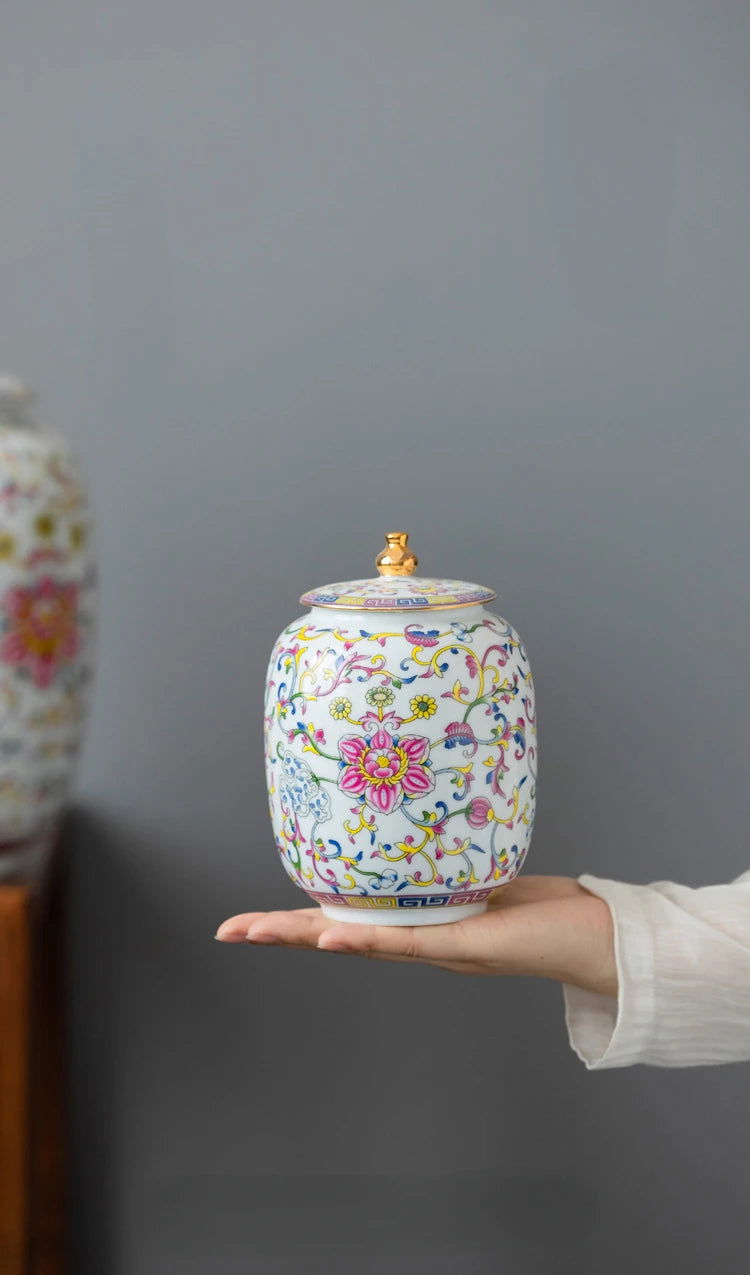 Enamelled Painted Pottery Pot Tea Caddy Ginger Jar Porcelain Canister Storage Tank Tea Organizer Desktop Storage Container - Grand Goldman