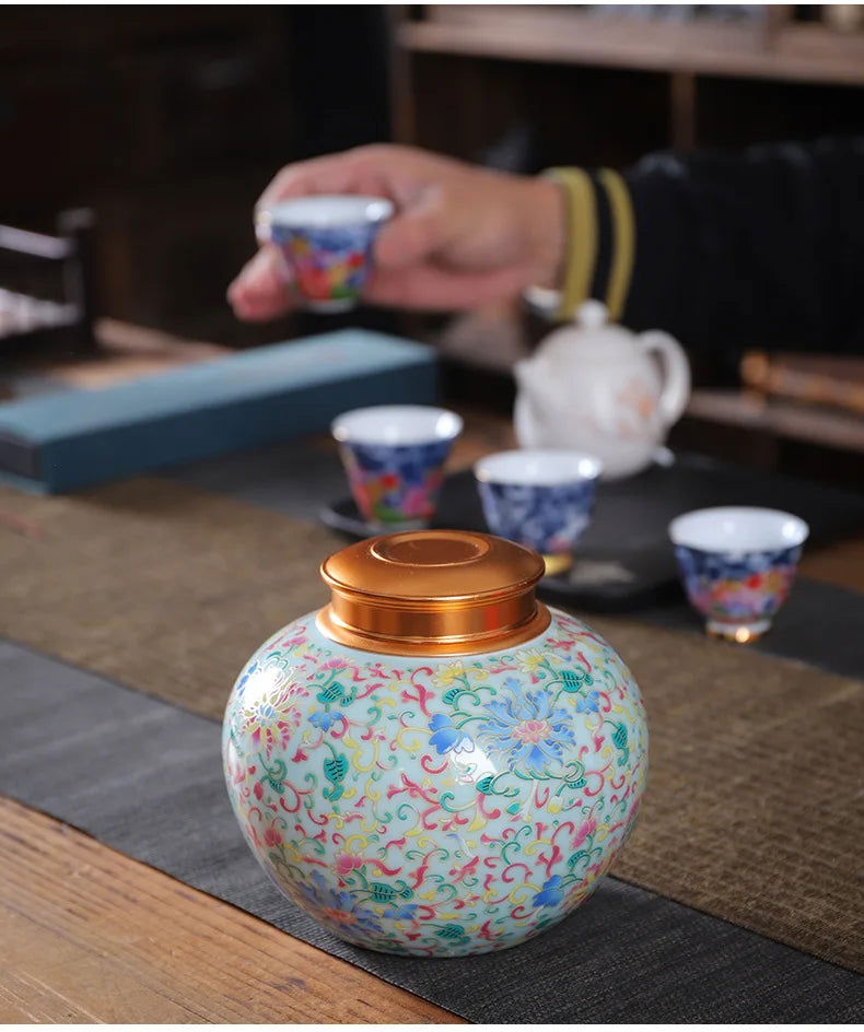 Enamelled Tea Pot Ceramic Sealed Storage Tank Tea Caddy Porcelain Jar Airtight Container Porcelain Jar Coffee Container - Grand Goldman