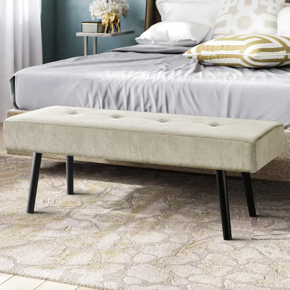 Entryway Bench - Green Bench for Bedroom, Modern Ottoman End of Bed, Corduroy Padded Benches for Living Room, Foyer, Mudroom, Hallway - 39" L x 14" W x 17" H - Grand Goldman